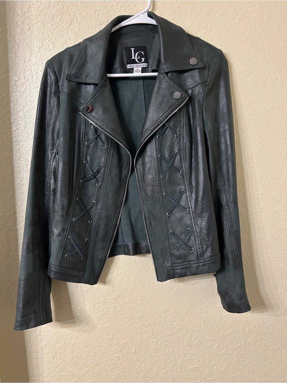 Lena Gabrielle Lace Up Faux Leather Moto Jacket size 12